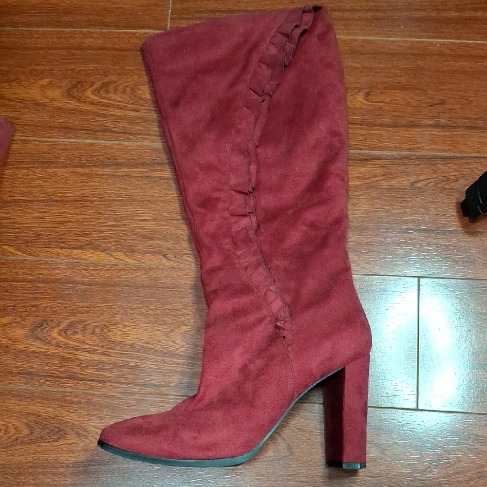Suede Knee High Ruffle Boots
